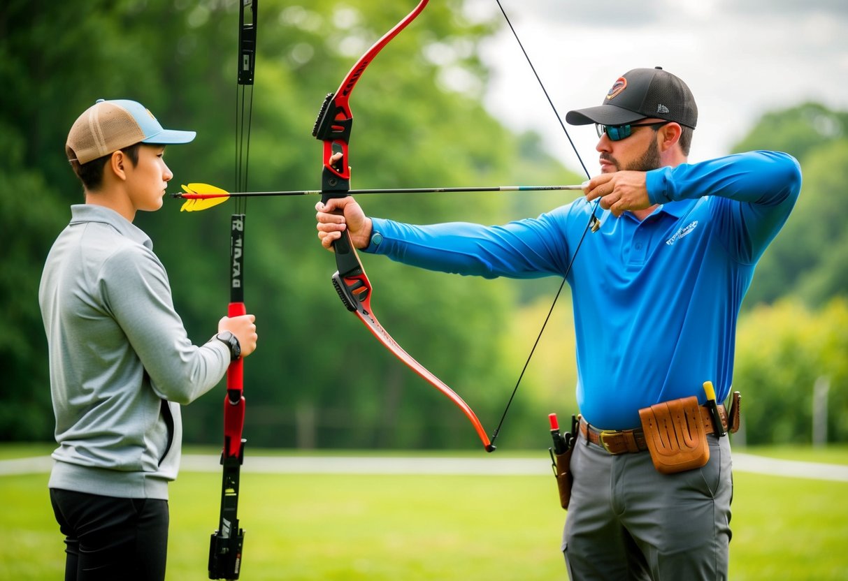 An archery instructor demonstrates proper form to a student at a lush outdoor range