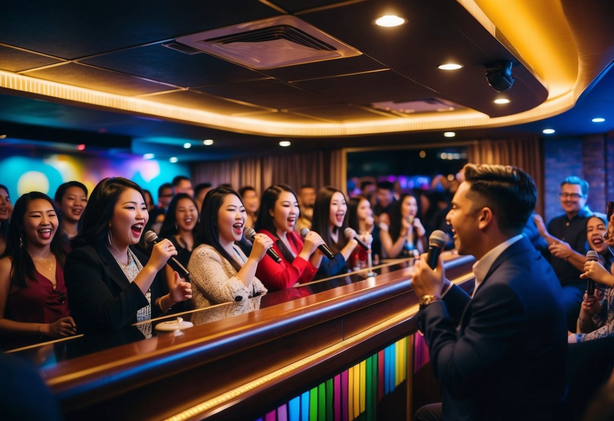 A cozy karaoke bar with dim lighting, colorful stage, and a crowd of enthusiastic singers