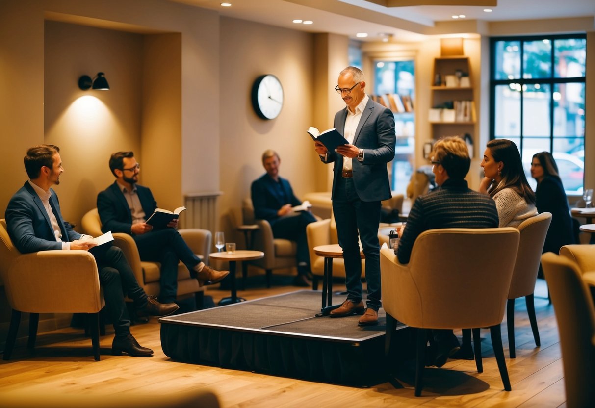 A cozy cafe with a warm ambiance, soft lighting, and comfortable seating. A small stage is set up for the author to read from their book, with a few listeners seated attentively