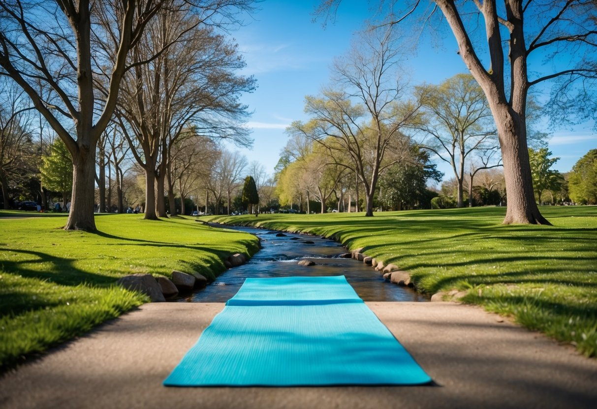 A serene park setting with a yoga mat, surrounded by trees and a gentle stream, with a clear blue sky and the sun shining