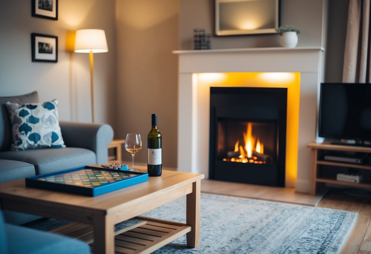 A cozy living room with soft lighting, a crackling fireplace, and a comfortable seating area. A table is set with a board game and a bottle of wine