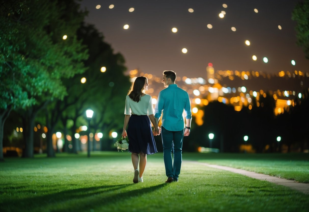 A couple strolling through a moonlit park, admiring the stars and holding hands