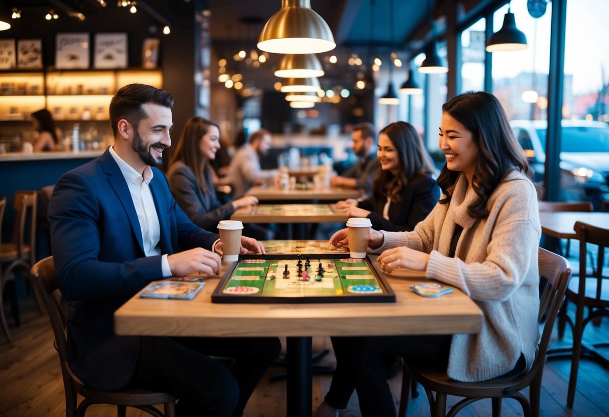 A cozy cafe with warm lighting and a variety of board games spread out on the tables, inviting couples to connect over lattes and friendly competition