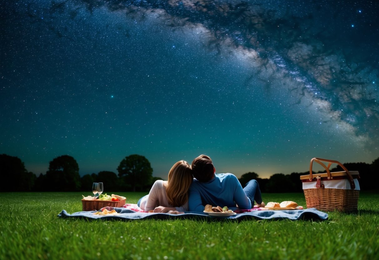 A couple lies on a blanket in a grassy park, gazing up at the night sky filled with twinkling stars. A picnic basket and remnants of a dinner spread out nearby