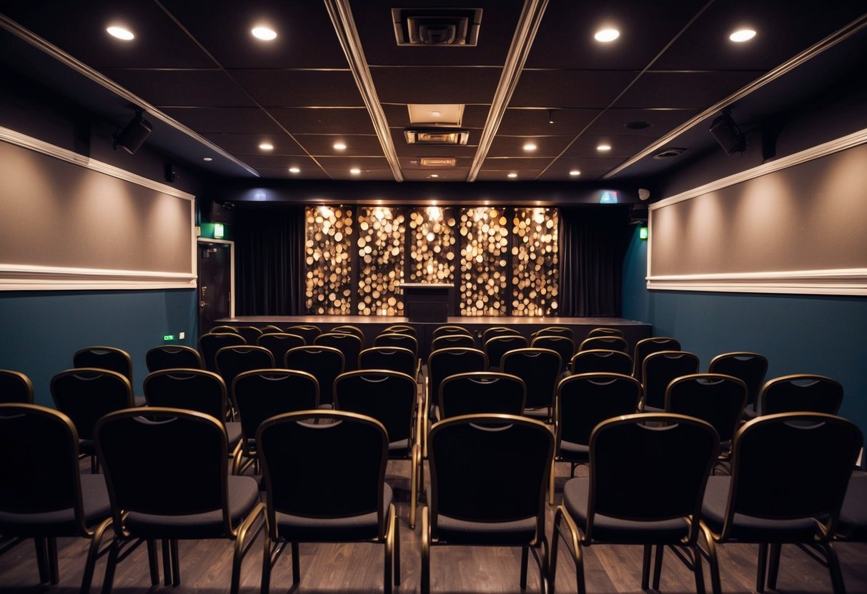 A dimly lit comedy club with a stage, microphone, and rows of empty chairs, ready for a lively audience after a delicious dinner