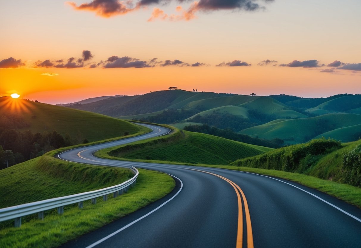 A winding road through lush hills at sunset