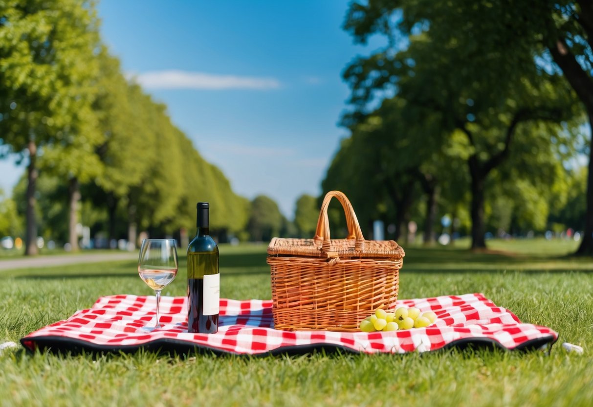 A picnic in a park with a checkered blanket, a wicker basket, and a bottle of wine, surrounded by trees and a clear blue sky