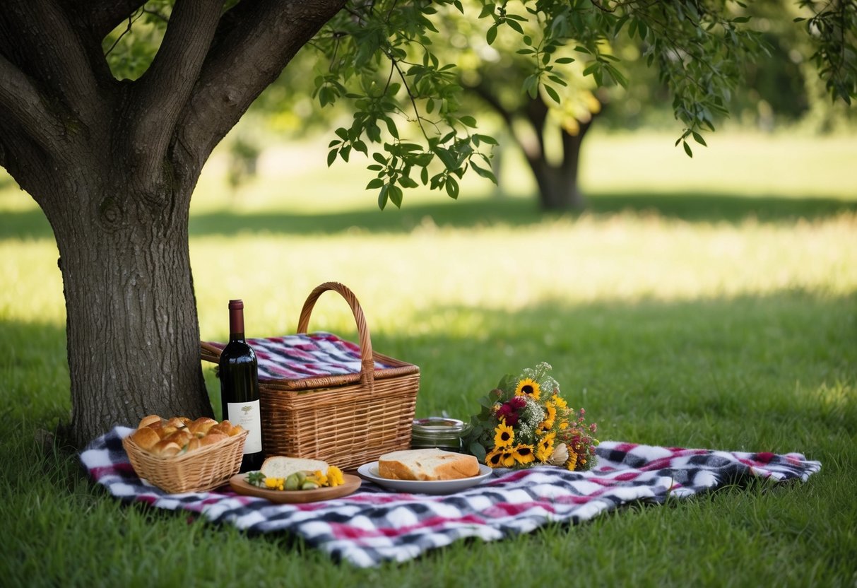 A checkered blanket spread under a shady tree, surrounded by a basket of food, a bottle of wine, and a bouquet of wildflowers
