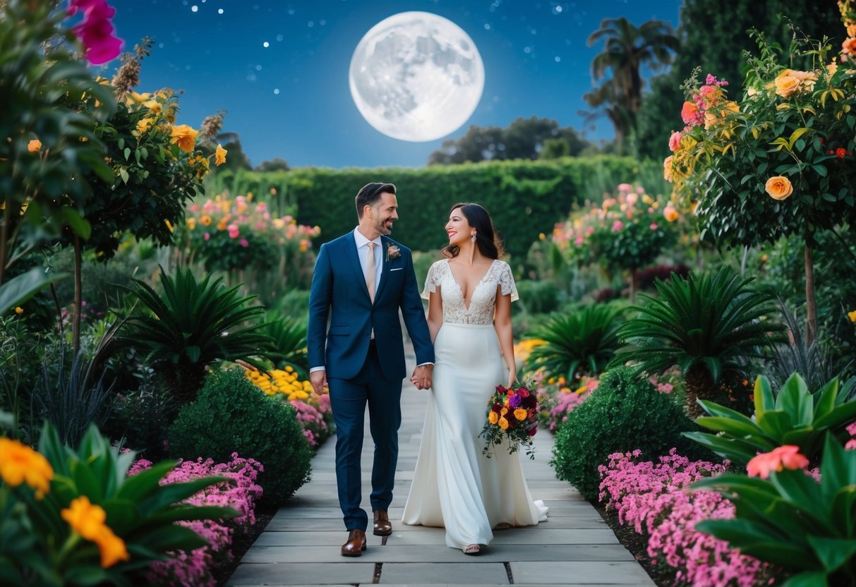 A couple strolling through a moonlit botanical garden, surrounded by vibrant flowers and lush greenery, with the stars shining overhead