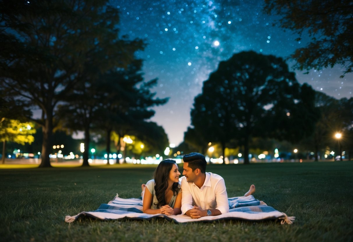 A couple lies on a blanket under a star-filled sky in a local park, surrounded by trees and the soft glow of city lights