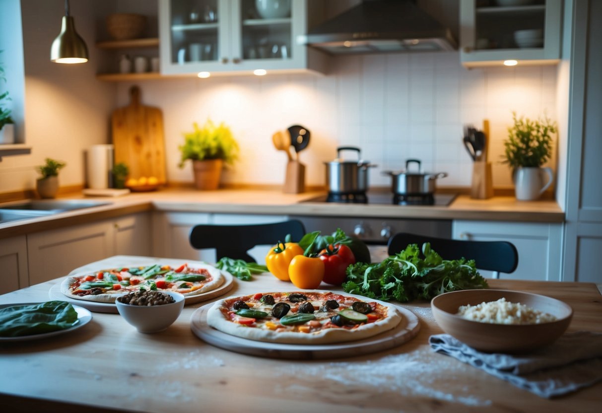 A cozy kitchen table set with fresh ingredients, pizza dough, and toppings ready for a DIY pizza night
