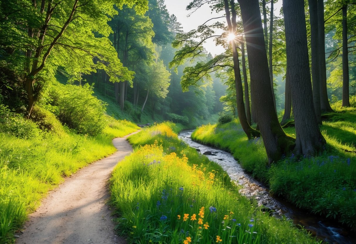 A winding trail through a lush forest, sunlight filtering through the trees. A gentle stream runs alongside the path, with colorful wildflowers dotting the landscape