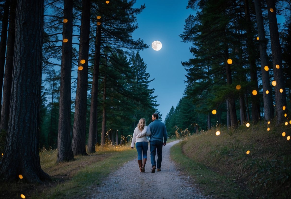 A couple walks along a moonlit forest trail, surrounded by towering trees and the soft glow of fireflies