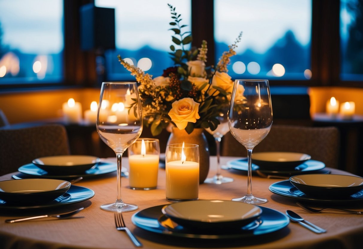 A cozy candlelit table set with wine glasses and a vase of flowers, with soft music playing in the background