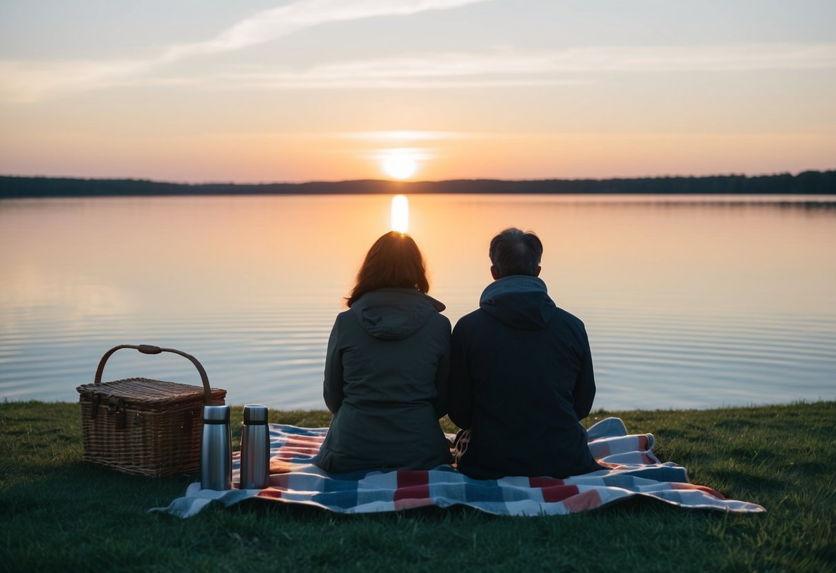 Two figures sit on a blanket, facing the horizon as the sun rises over a calm, rippling lake. A picnic basket and thermos are nearby