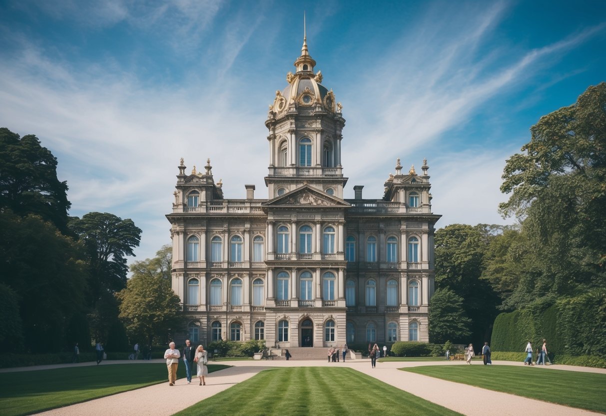 A grand old building with ornate architecture stands against a blue sky, surrounded by lush greenery and a few visitors exploring the grounds