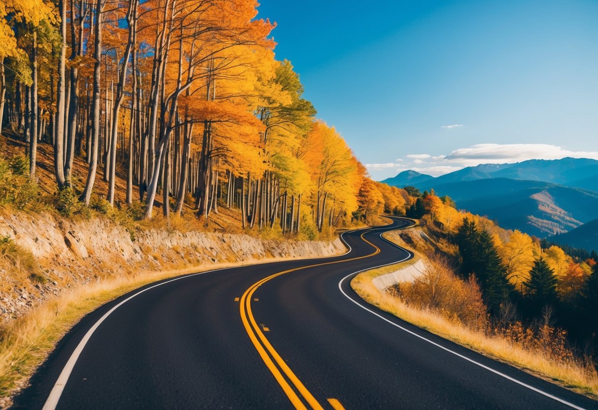A winding road through colorful autumn trees with a clear blue sky and a mountain range in the distance