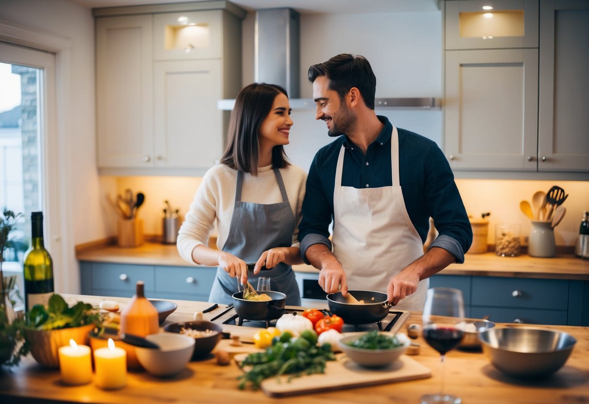 A cozy kitchen with a couple cooking together, surrounded by ingredients, utensils, and a recipe book. A warm, inviting atmosphere with candles and a bottle of wine on the counter