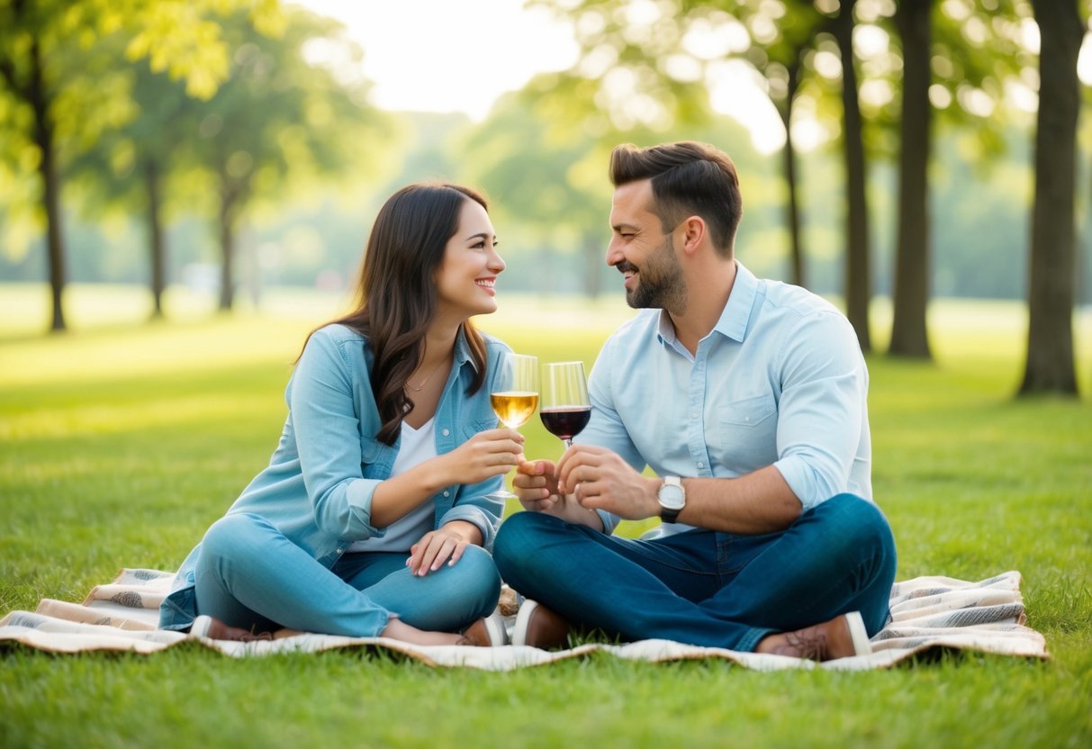 A couple picnicking in a serene park, sharing a blanket and enjoying each other's company