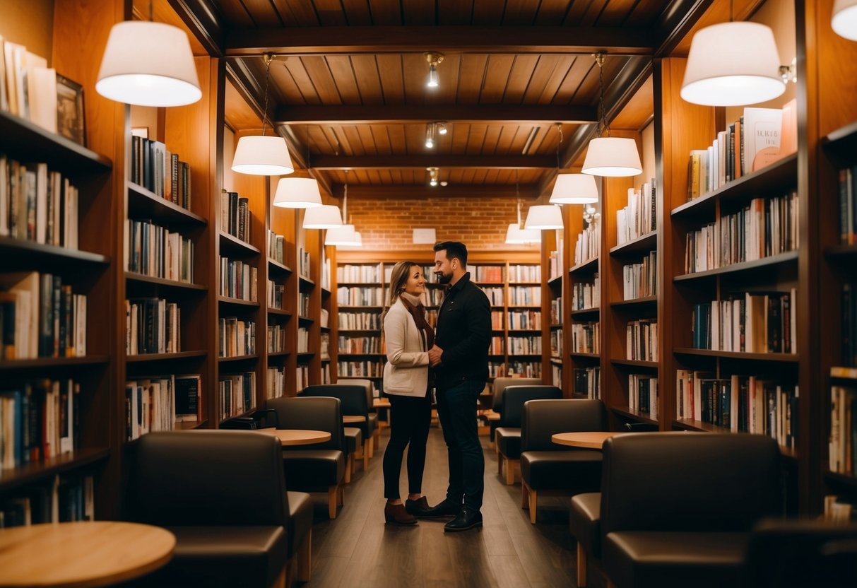 A cozy 24-hour bookstore with warm lighting, rows of books, and comfortable seating areas. A couple browses together, surrounded by the quiet hum of late-night readers