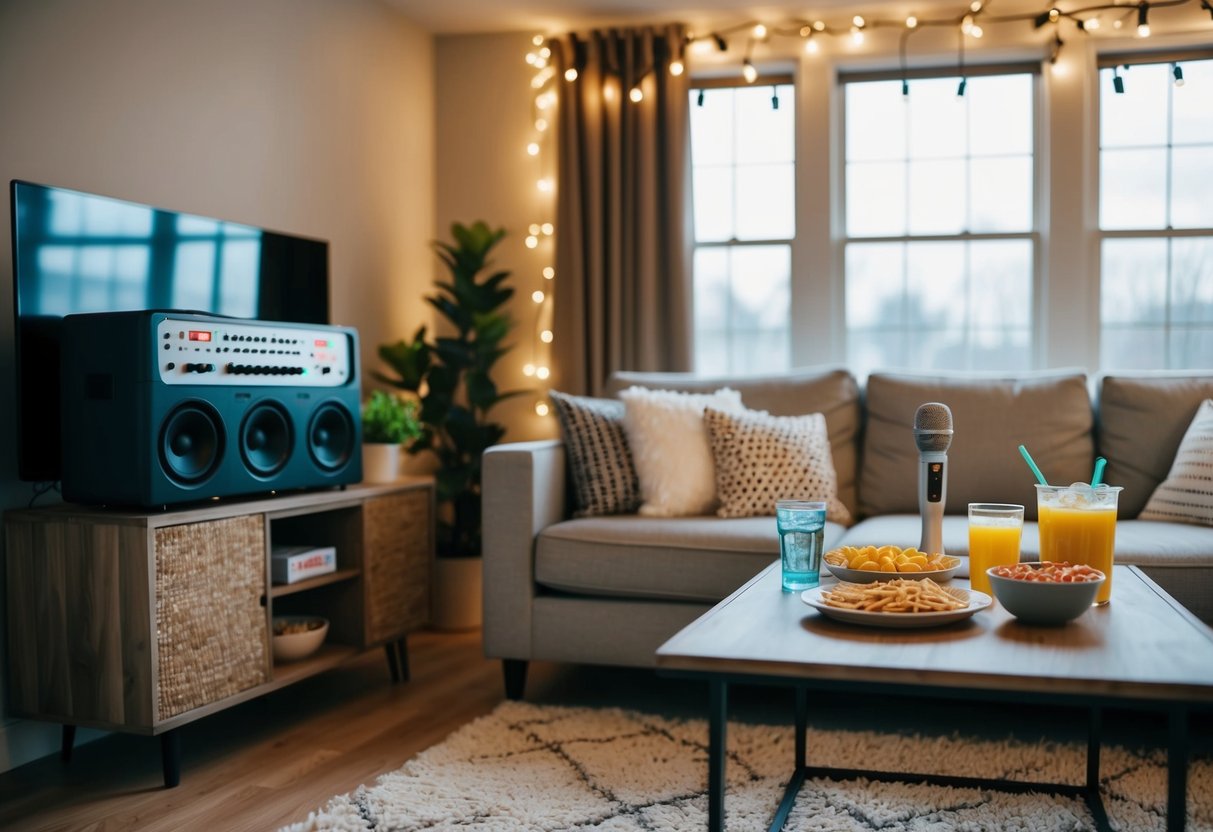 A cozy living room with a karaoke machine, twinkling string lights, and a table set with snacks and drinks