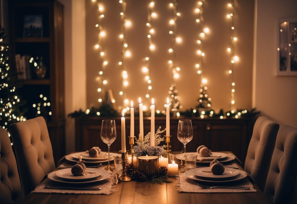 A cozy dining room with a table set for two, adorned with themed decorations and flickering candlelight, surrounded by a backdrop of twinkling fairy lights and soft background music
