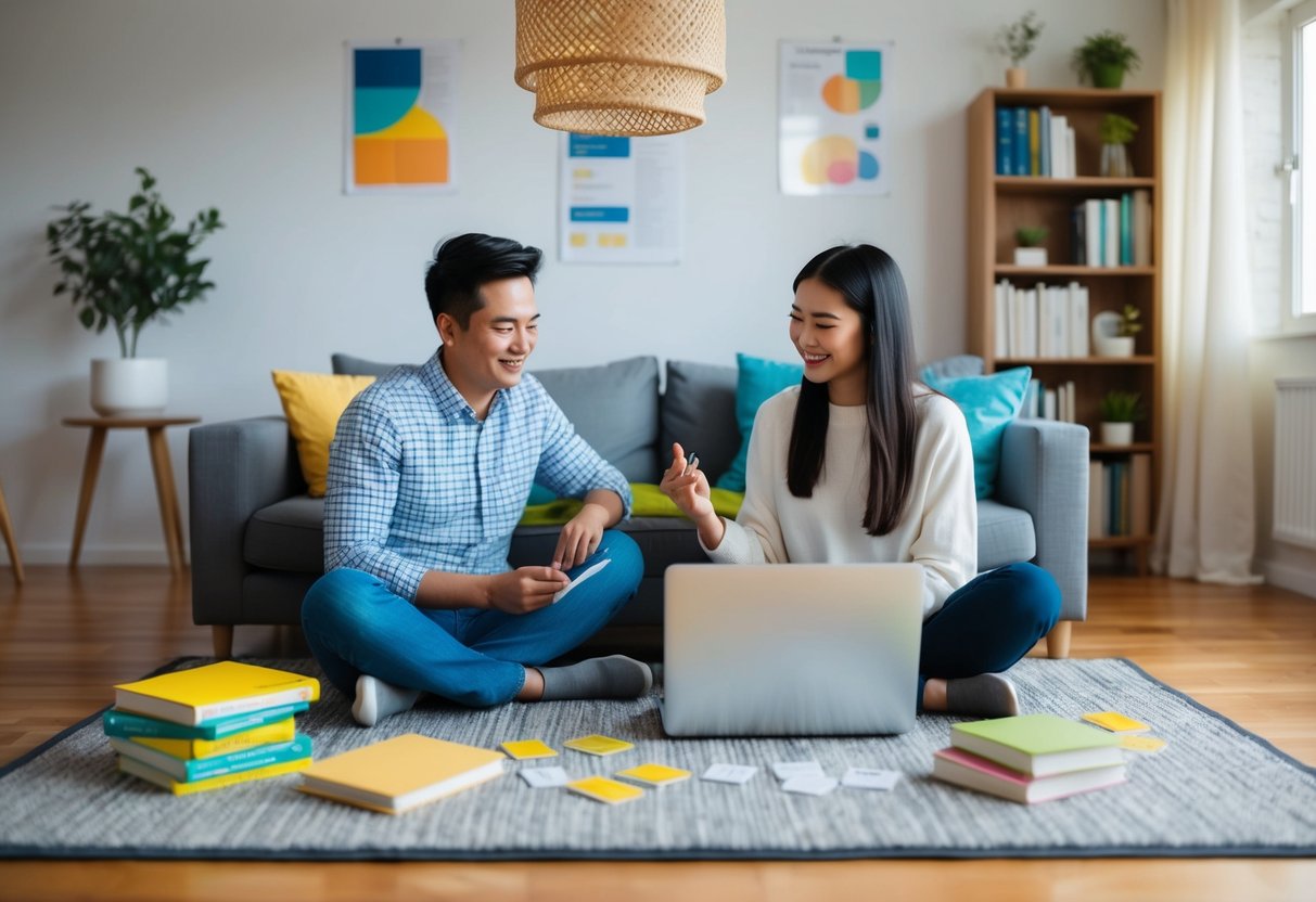 A cozy living room with two people sitting on a rug, surrounded by language learning books, flashcards, and a laptop playing language tutorials