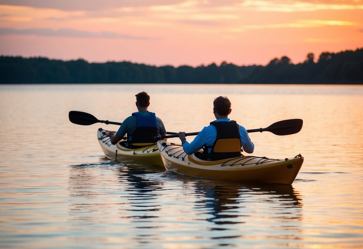 A couple kayaking on a serene lake at sunset