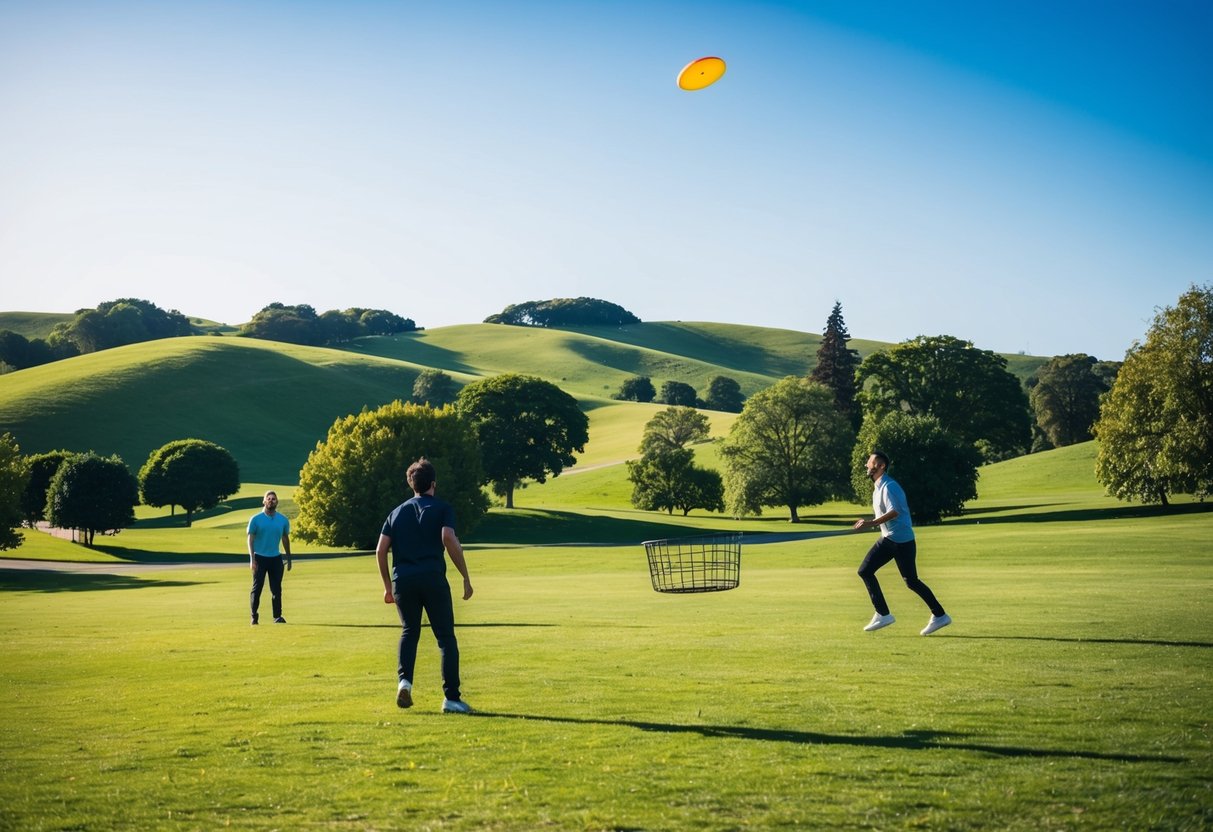 A sunny park with rolling hills, scattered trees, and a clear blue sky. A frisbee flies towards a distant metal basket as two figures watch eagerly