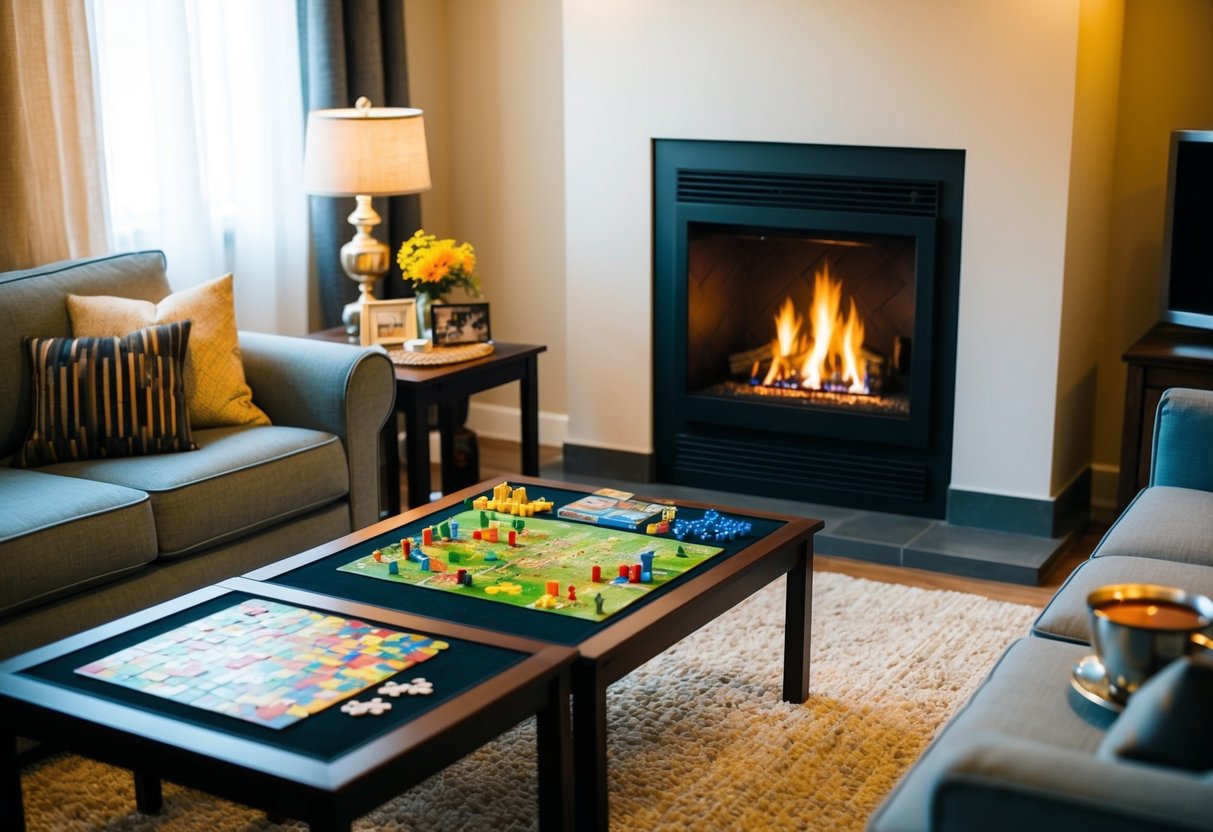 A cozy living room with soft lighting, a crackling fireplace, and a comfortable seating area for two. A board game and a puzzle sit on the coffee table, while a pot of tea steams on the side table