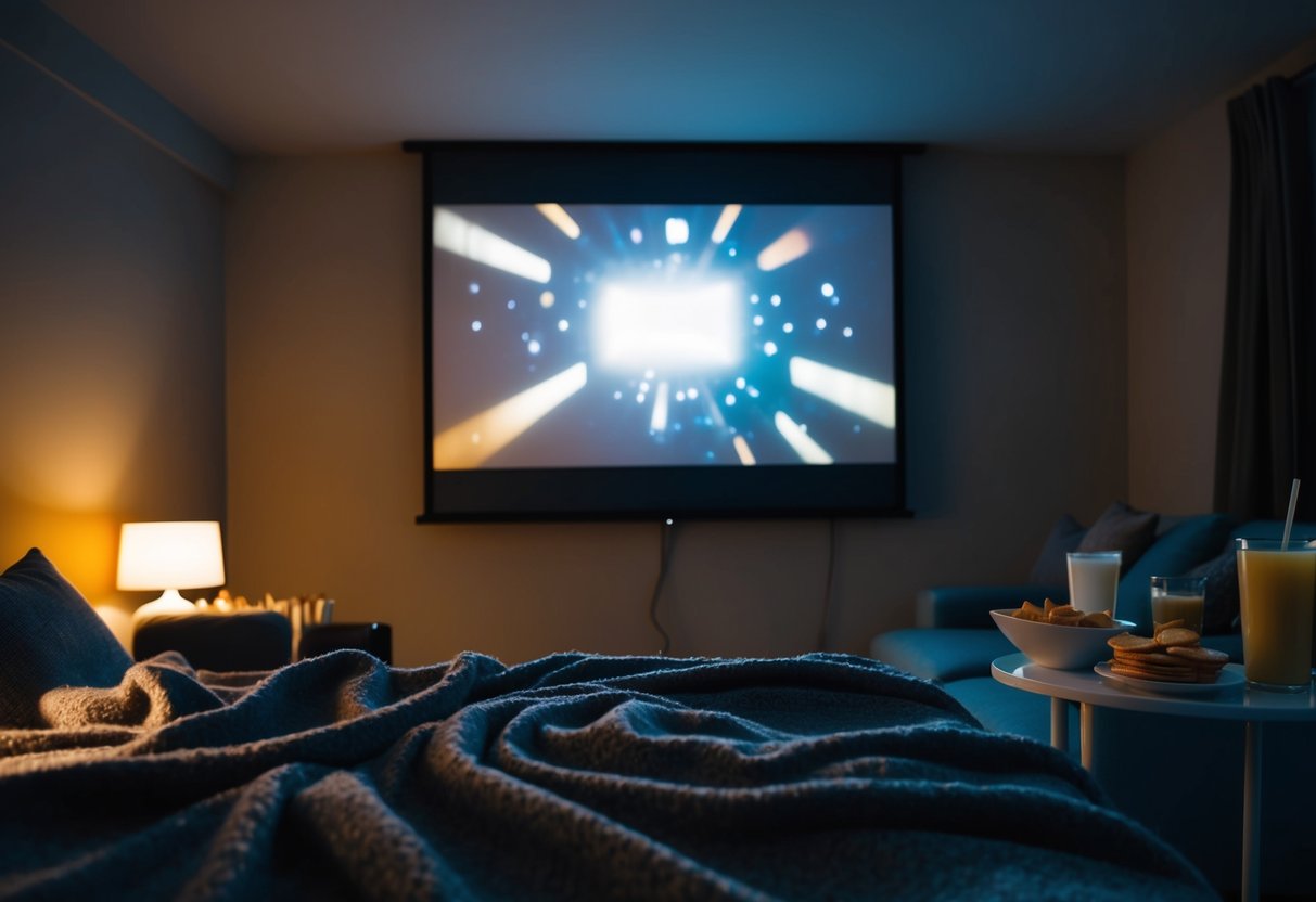 Cozy blankets, dim lighting, and a flickering movie projected on the wall. Snacks and drinks on a nearby table
