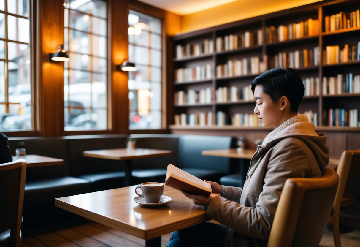 A cozy café with bookshelves, warm lighting, and comfortable seating. A person sits alone, reading a book with a cup of coffee on the table