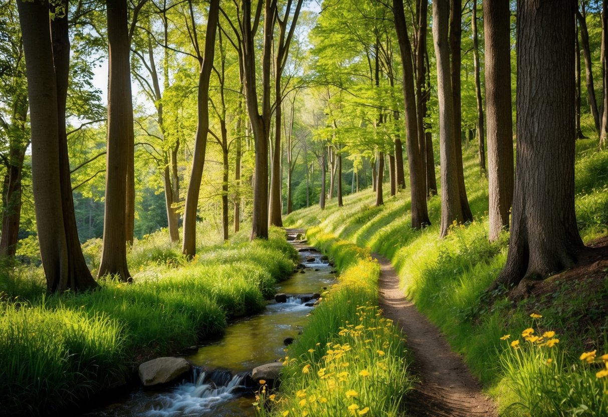 A peaceful forest path winds through tall trees and dappled sunlight, with a bubbling stream and wildflowers lining the trail