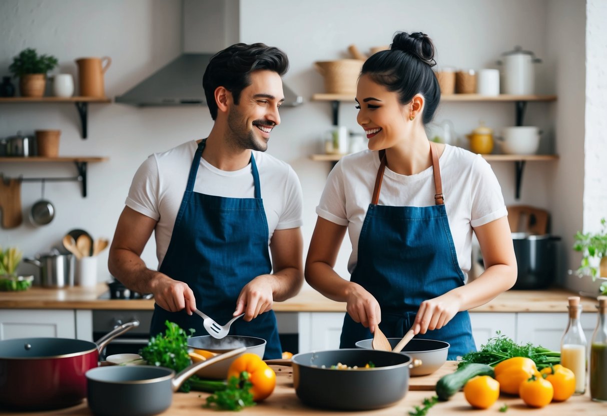Two introverts quietly cook together in a cozy kitchen, surrounded by pots, pans, and fresh ingredients. They follow a new recipe, sharing smiles and laughter as they work side by side