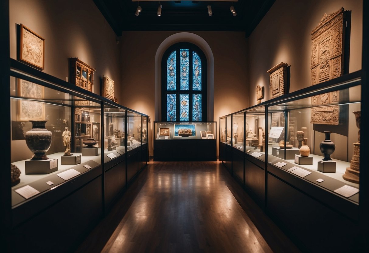 A cozy, dimly lit museum with antique artifacts and art displays, surrounded by quiet and peaceful ambiance