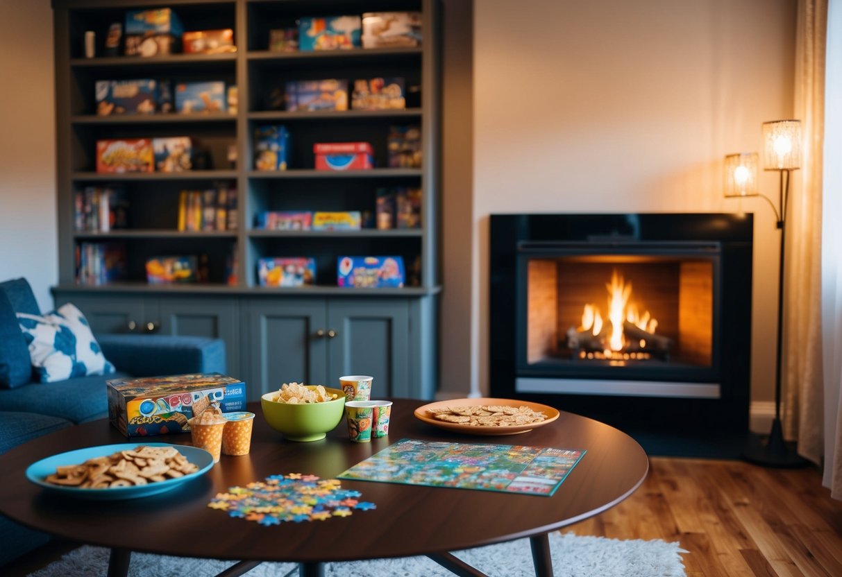 A cozy living room with a warm fireplace, shelves filled with board games, and a table set with a jigsaw puzzle and snacks