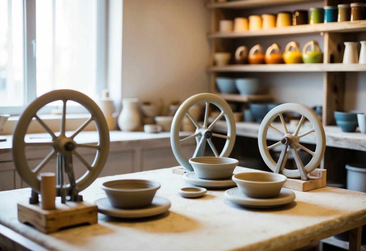 A cozy pottery studio with two spinning wheels, a table of clay, and shelves of colorful glazes. Soft lighting and a tranquil atmosphere