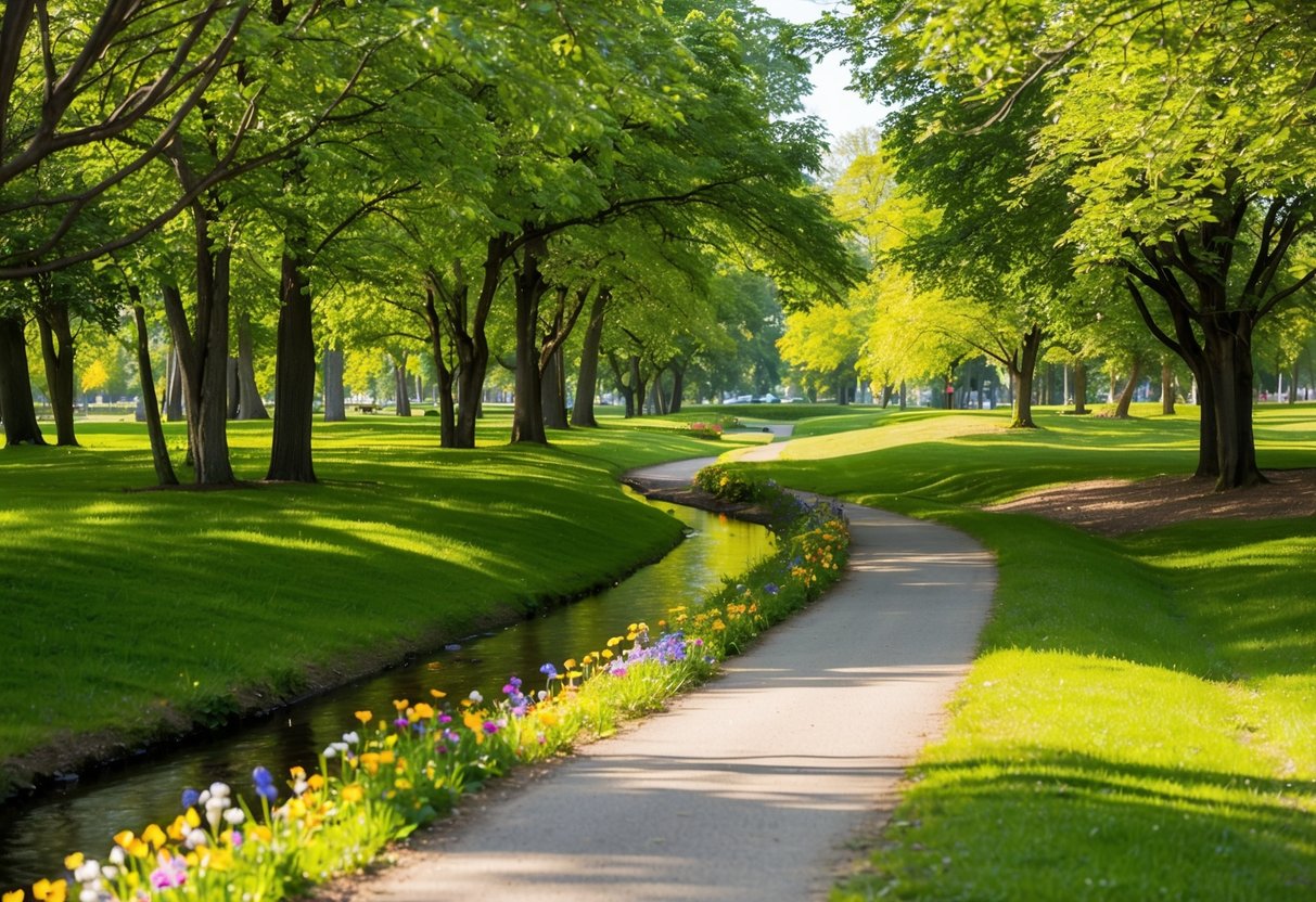 A quiet path winds through a peaceful park, dappled sunlight filtering through the trees. A gentle stream flows nearby, and colorful flowers bloom along the trail