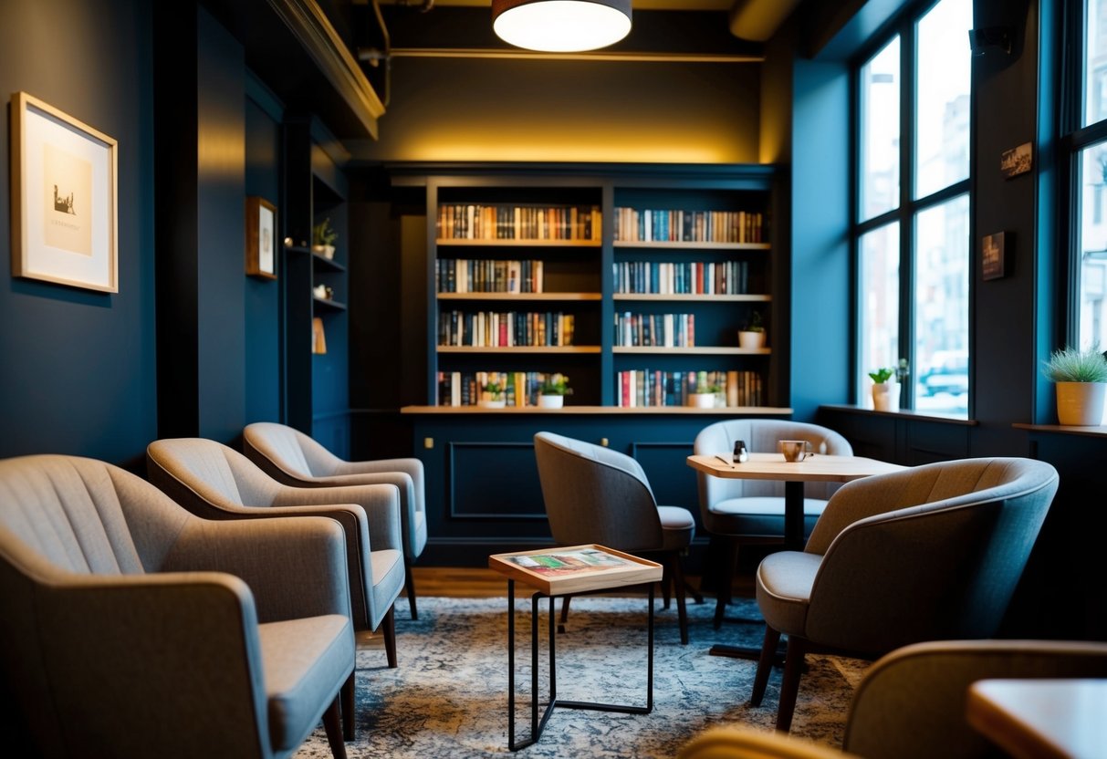 A cozy, dimly lit cafe with comfortable seating and soft background music. A bookshelf lines the wall, and a small table holds a board game