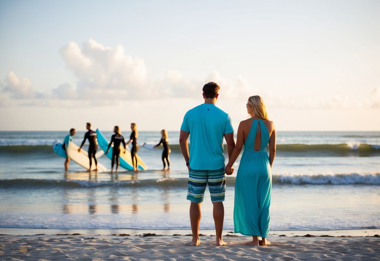 A couple stands on the shore at Cocoa Beach, watching as a surf instructor gives a lesson to a group of beginners in the distance
