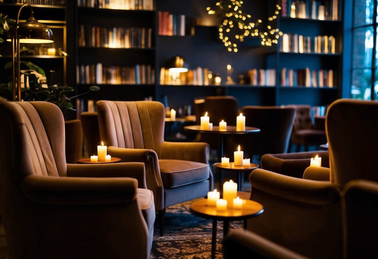 A cozy, dimly lit cafe with plush armchairs and flickering candles, surrounded by shelves of books and soft instrumental music playing in the background