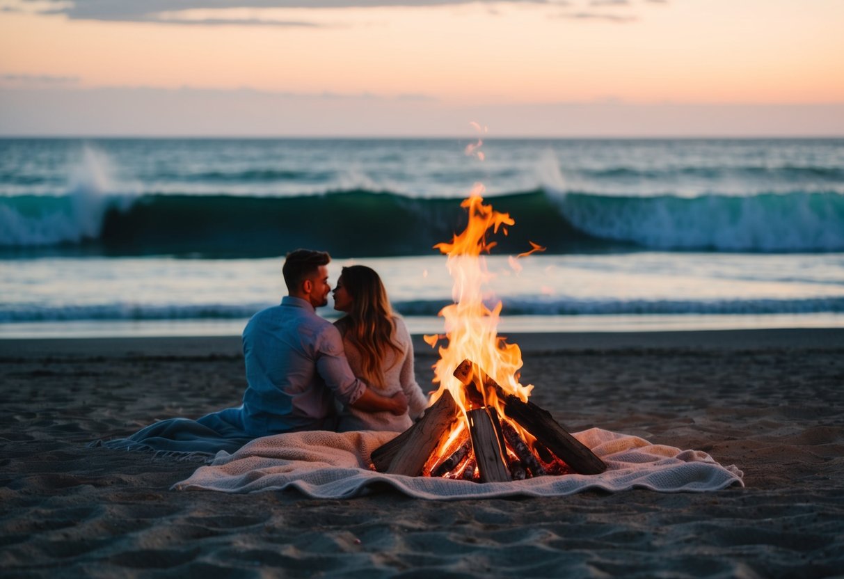 A cozy beach bonfire at dusk, with a couple sitting on a blanket, waves crashing in the background, and the glow of the fire illuminating the sandy shore