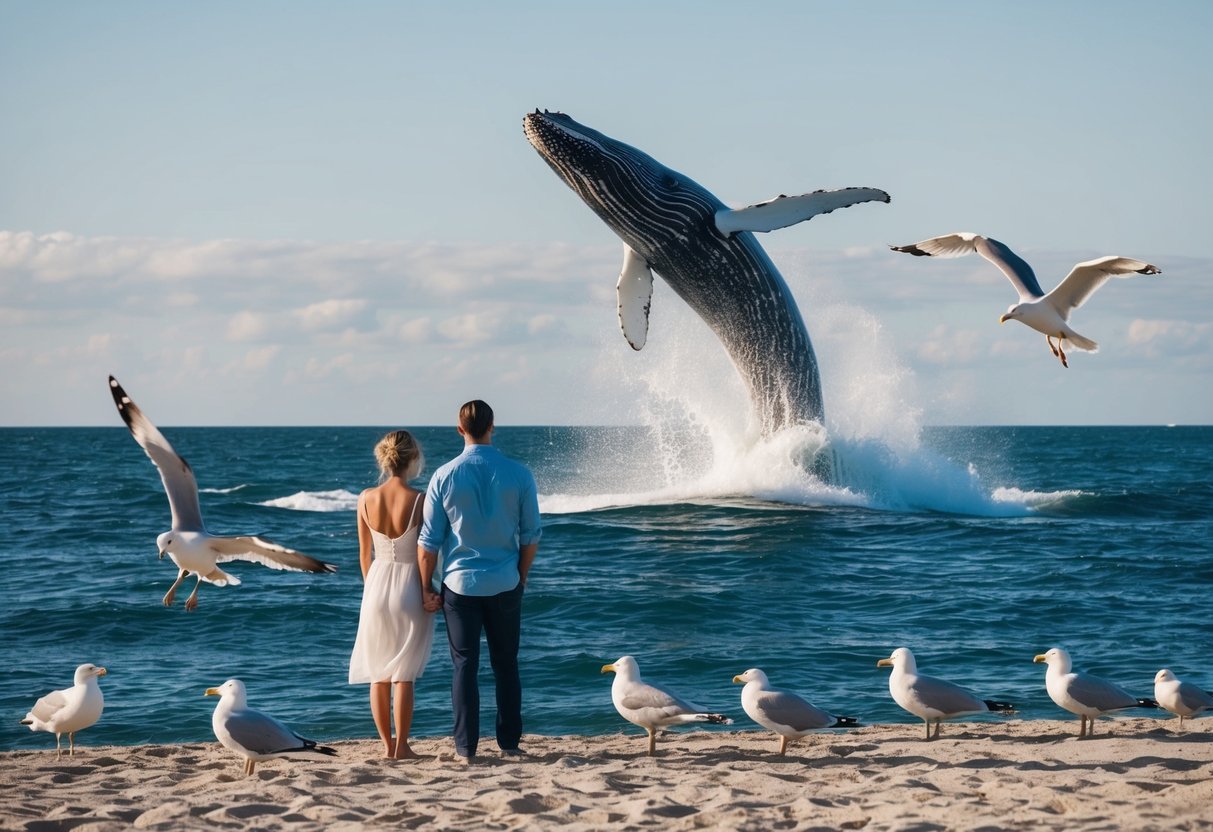 A couple stands on a beach, gazing out at the ocean. A whale breaches the surface, creating a splash as it jumps, surrounded by seagulls