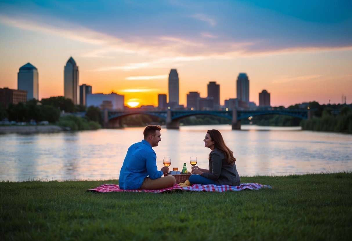 A couple picnicking by the Vermilion River at sunset, with a view of the downtown skyline in the background