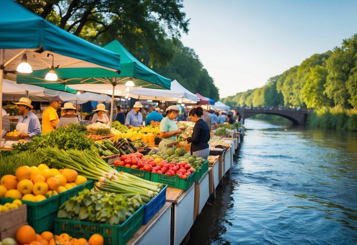 A bustling farmers market along a river, with colorful stalls, fresh produce, and people browsing