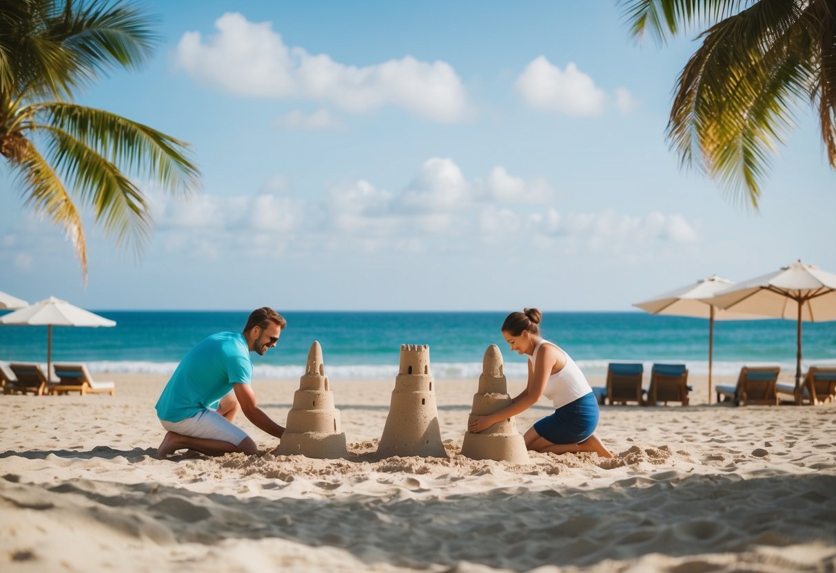 A sandy beach with couples building sandcastles near the ocean, surrounded by palm trees and beach umbrellas