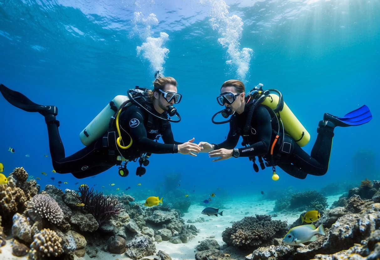 A couple scuba dives at La Jolla Shores, surrounded by colorful marine life and crystal-clear waters