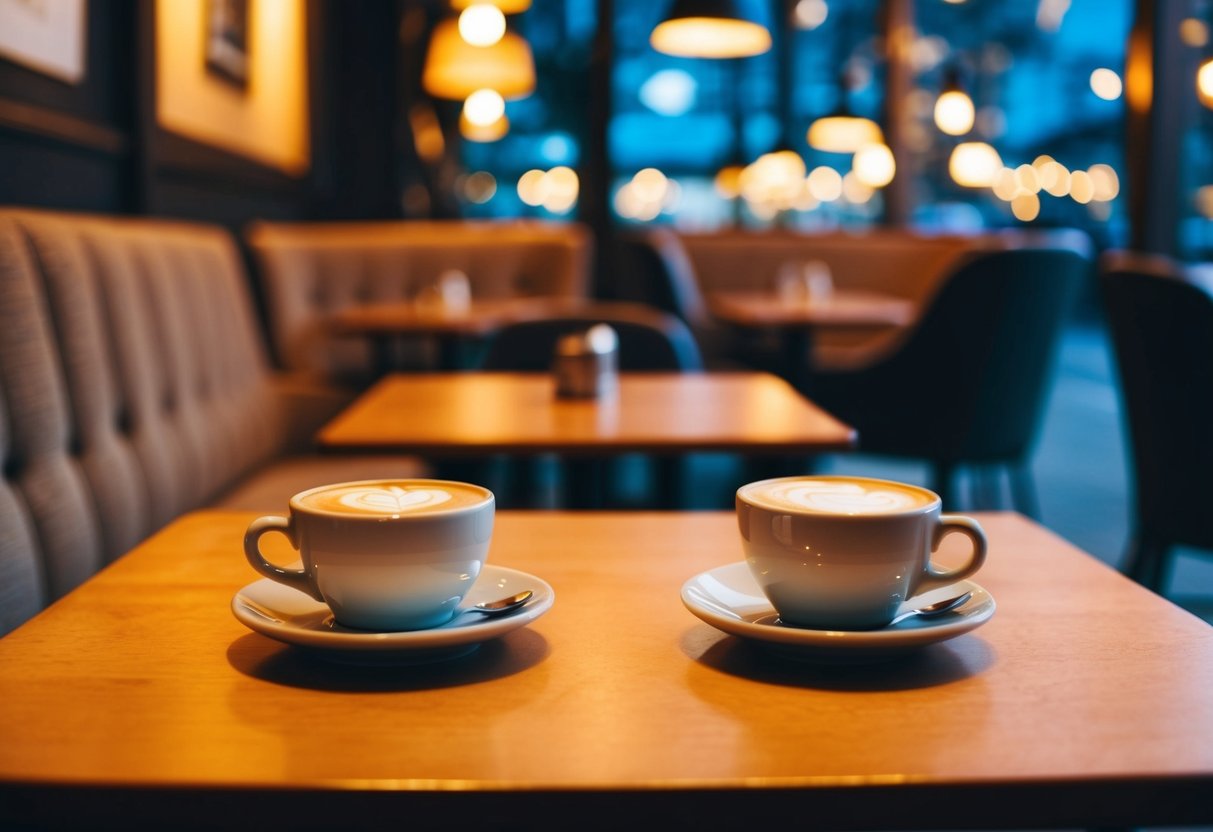 A cozy cafe scene with two cups of coffee on a table, surrounded by warm lighting and comfortable seating