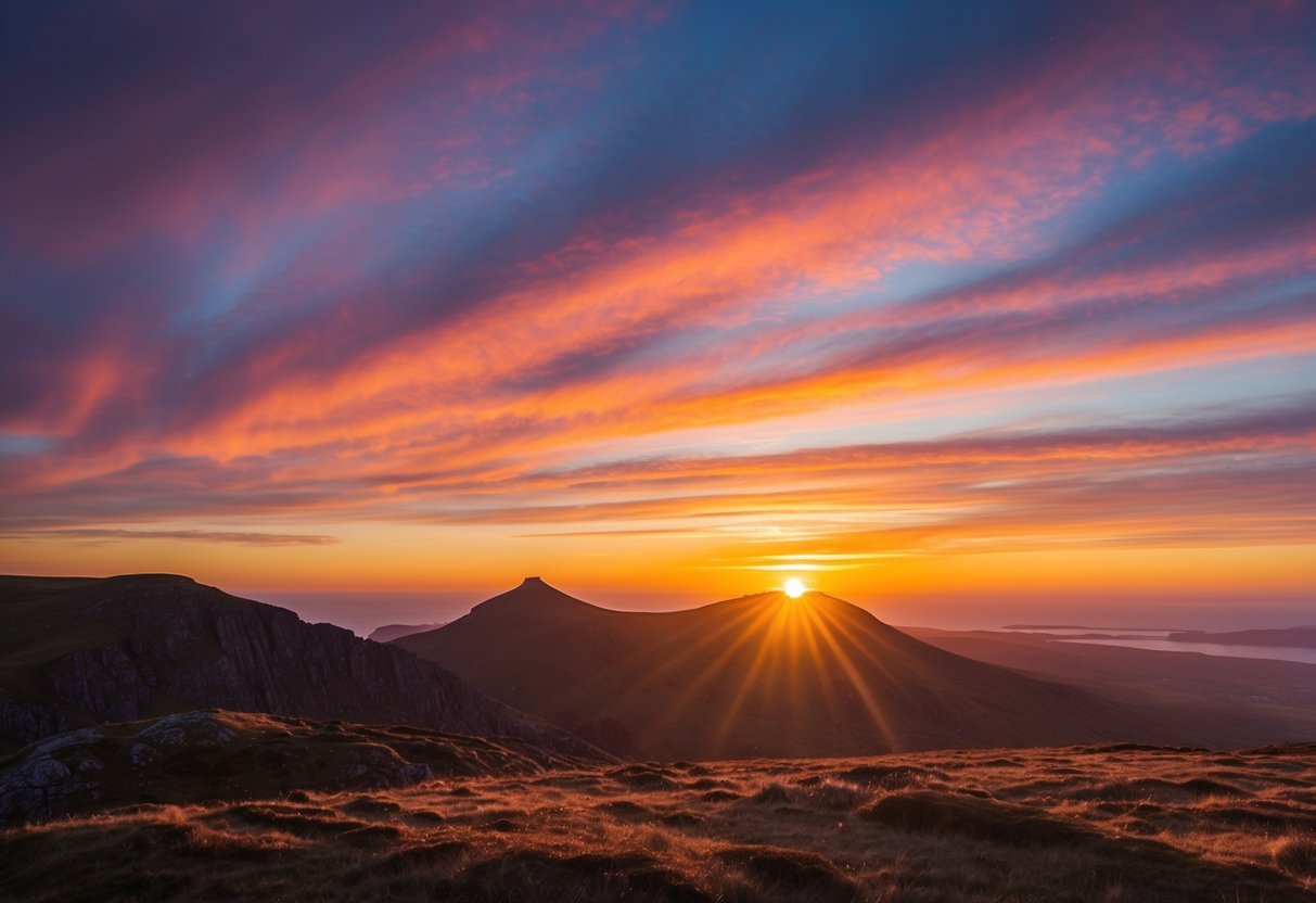 The sun dips behind Arthur's Seat, casting a warm glow over the rugged landscape. The sky is painted with vibrant hues of orange, pink, and purple, creating a stunning sunset backdrop