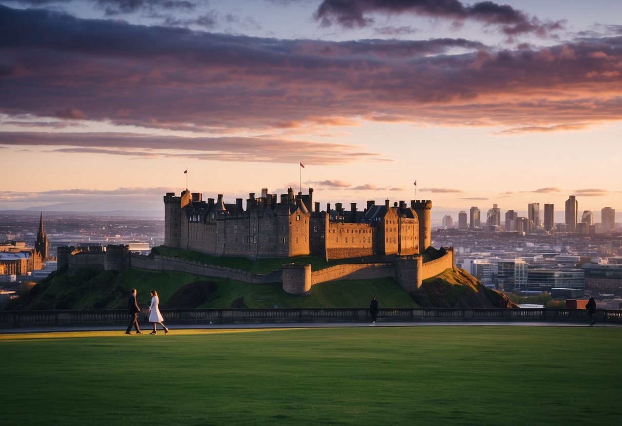 A panoramic view of Edinburgh Castle at sunset, with the city skyline in the background and a couple strolling in the foreground